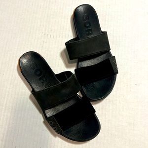 SOREL slip on sandles leather suede, black with leather tan strip in back.